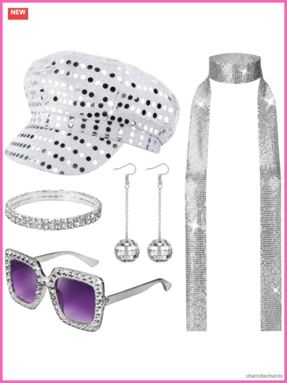 70s Disco Accessories Set Women Sequin Hat Scarf Sunglasses Retro Costume